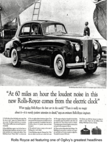 Rolls Royce Ad featuring one of Ogilvy"s greatest headlines